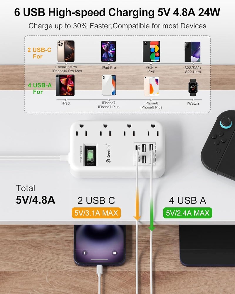 Beeiker 6 USB(2 USB C) Travel Power Strip- Flat Plug Extension Cord 3 Feet with 4.8A 24W USB Charging Station and 4 Outlets, 3 FT Short Extension Cord Portable for Travel Cruise Office College Dorm - Image 2